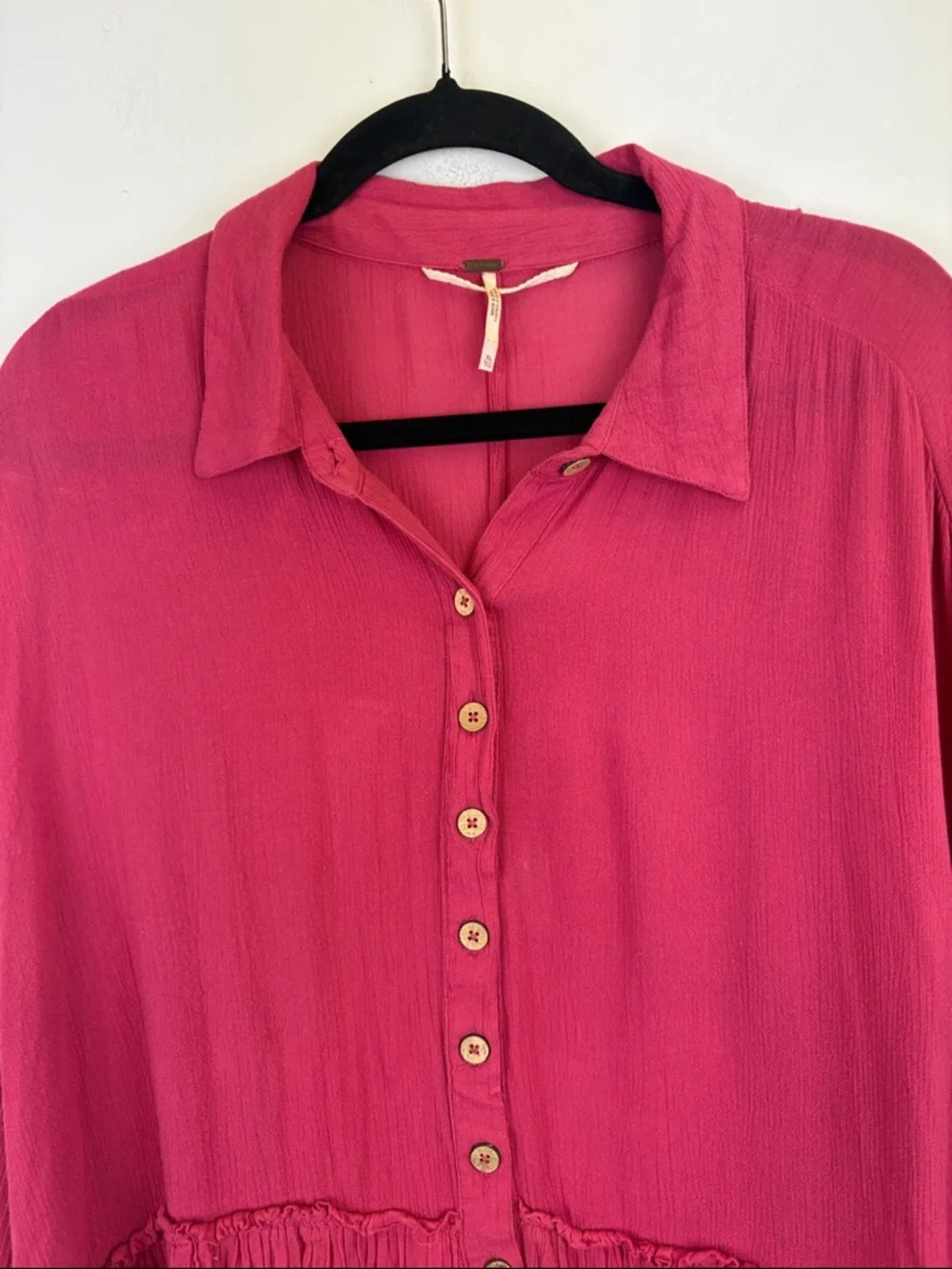 Free People Pink Gauze Button Front Peplum Top XL Boho Flowy Raw Hem Blouse - Picture 3 of 11
